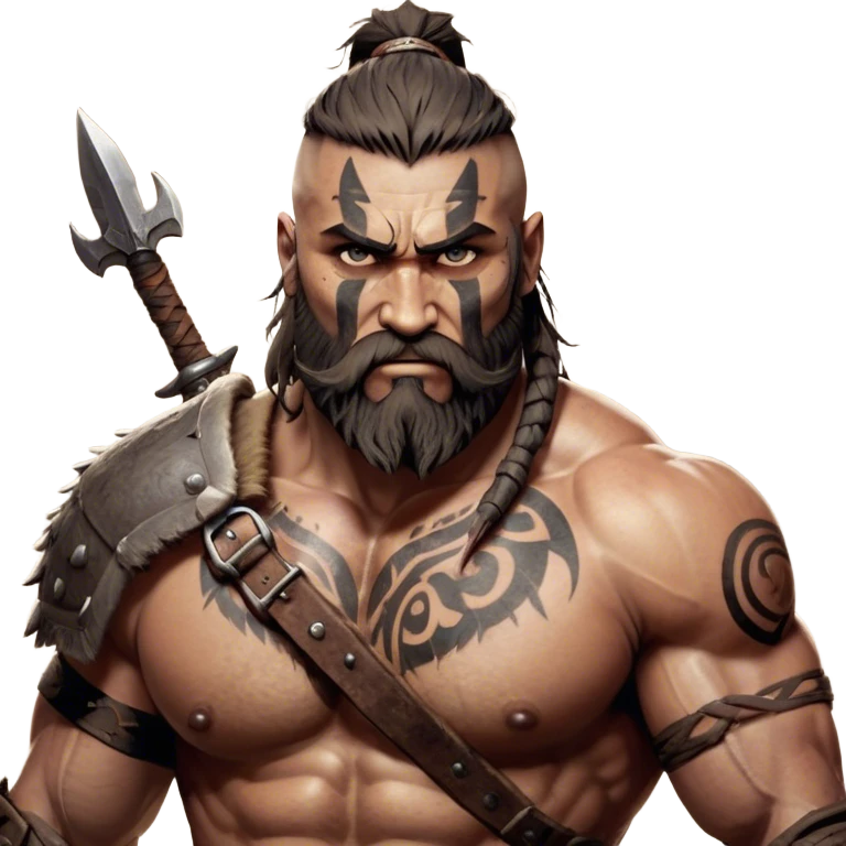 Clash of Clans aesthetic: Cinematic Rugged Barbarian Portrait Emoji, Intense and formidable with a heavily muscled physique, a rugged beard, piercing eyes, and battle-worn armor adorned with tribal markings, his expression fierce and resolute, Simplified yet powerfully detailed features, highly detailed, glowing with a deep, primal energy, high shine, gritty and uncompromising, stylized with an air of raw, untamed power, focused and determined, soft glowing outline, capturing the essence of a barbarian warrior carved by countless battles and poised to lead his clan into epic conflict! emoji