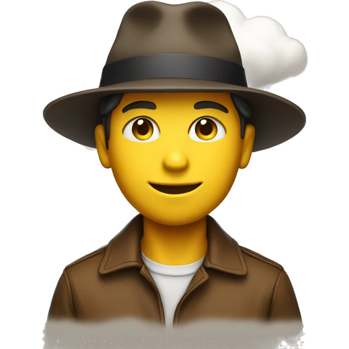 a boy with a yellow face, a smile, a brown hat, a book, and a cloud of thoughts emoji