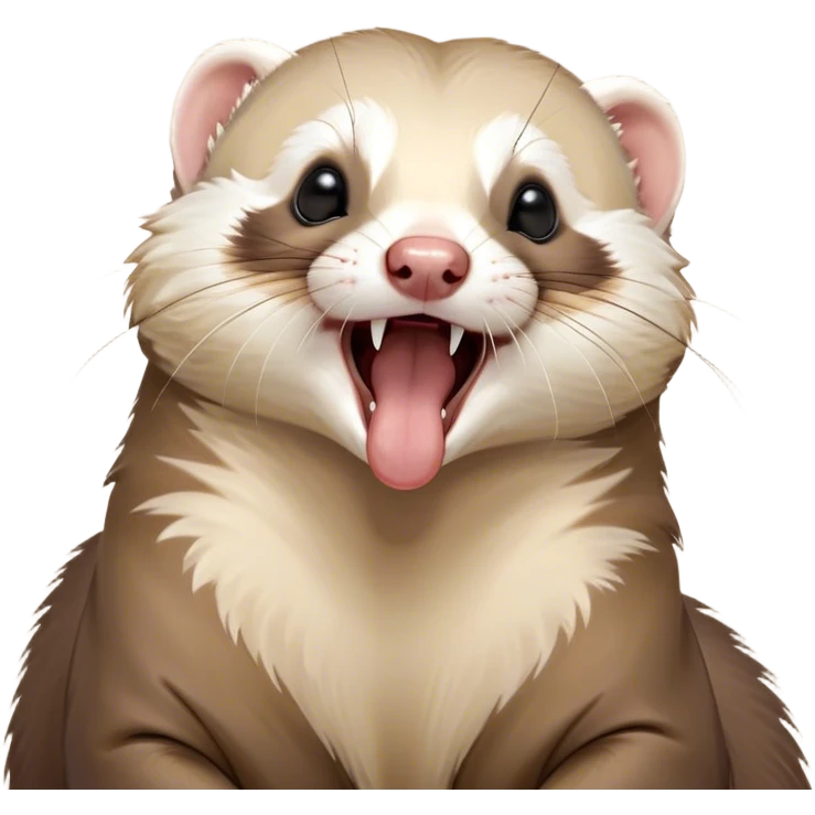 Cinematic Cute Yawning Ferret Portrait Emoji, Head tilted slightly with an exaggerated, wide-open yawn, showcasing a long, flexible body with a plush coat in soft brown and cream, droopy, drowsy eyes, and a relaxed expression, Simplified yet irresistibly endearing features, highly detailed, glowing with a soft, cozy natural glow, high shine, relaxed yet expressive, stylized with a dash of whimsical charm, soft glowing outline, capturing the essence of a sleepy yet affectionate ferret that seems ready to curl up for a nap! emoji