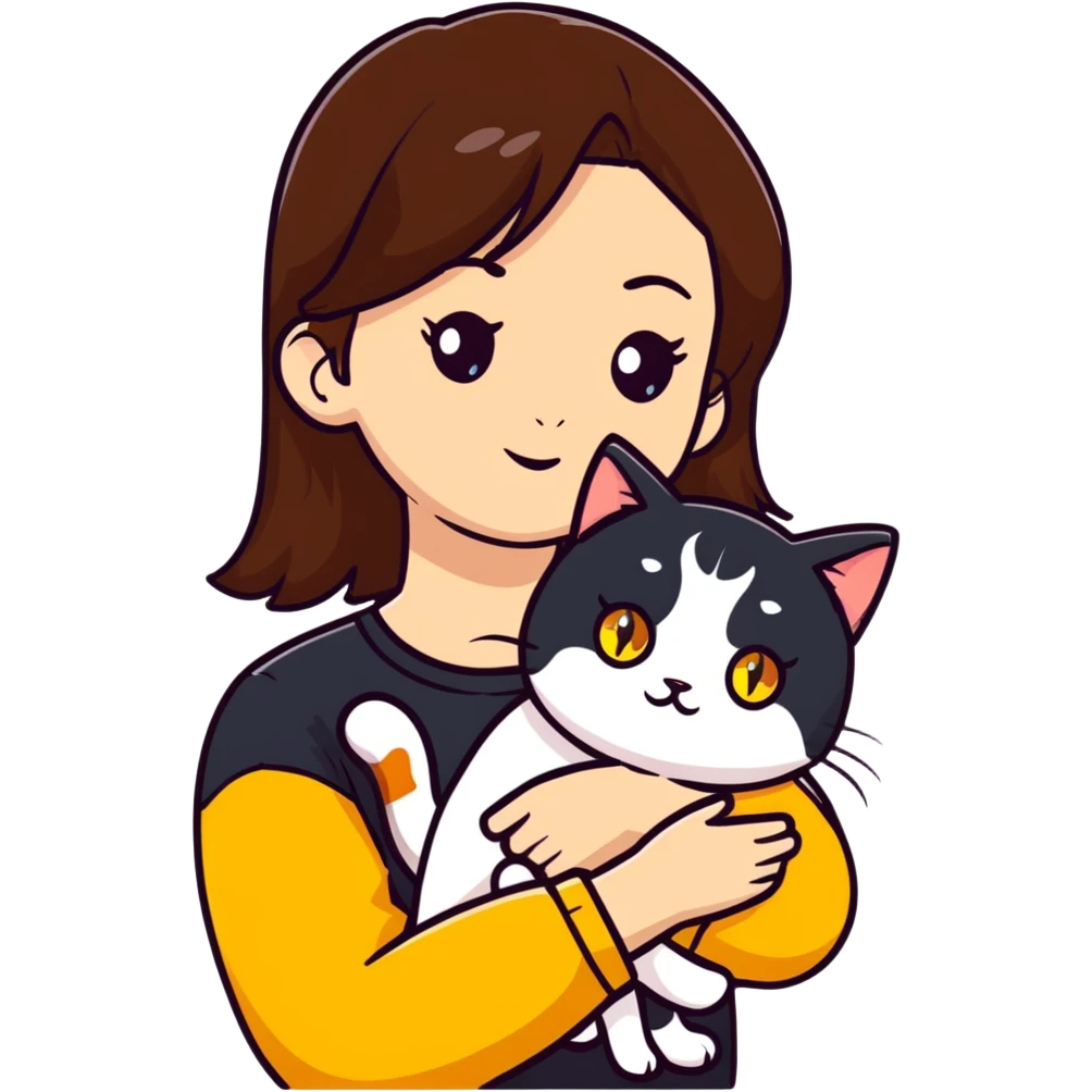 Brown straight-haired girl with black top, white cat with yellow eyes, and calico cat emoji