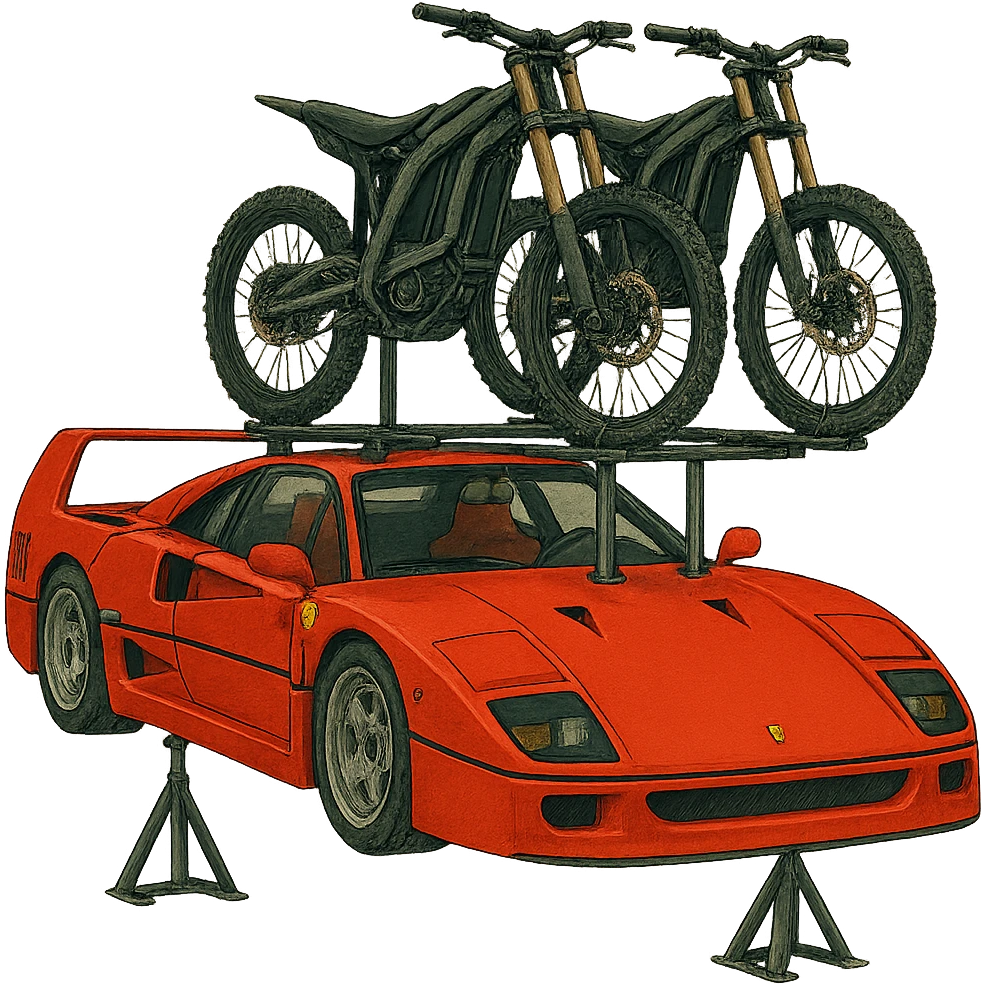 Replace the motorcycle with two Sur-Ron electric bikes mounted on a roof rack on the stylized Ferrari F40. Keep the background transparent. emoji