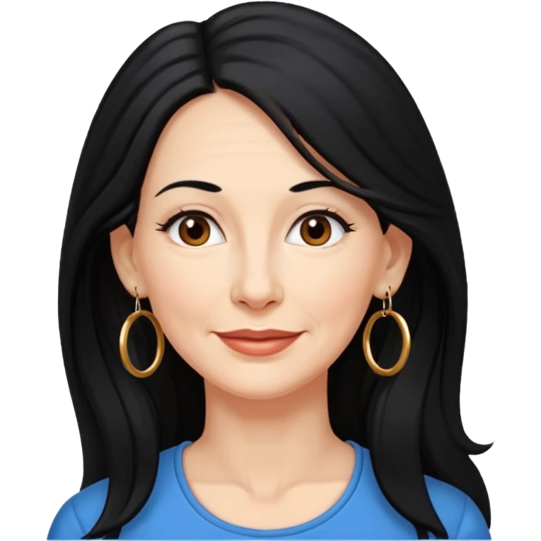 emoji of a woman in her 50s, long black hair, wearing hoop earrings, friendly expression emoji