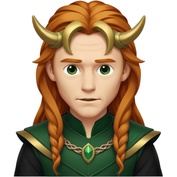 Loki, Mischief God from Norse Mythology with long reddish blonde hair, dark green and black outfit emoji