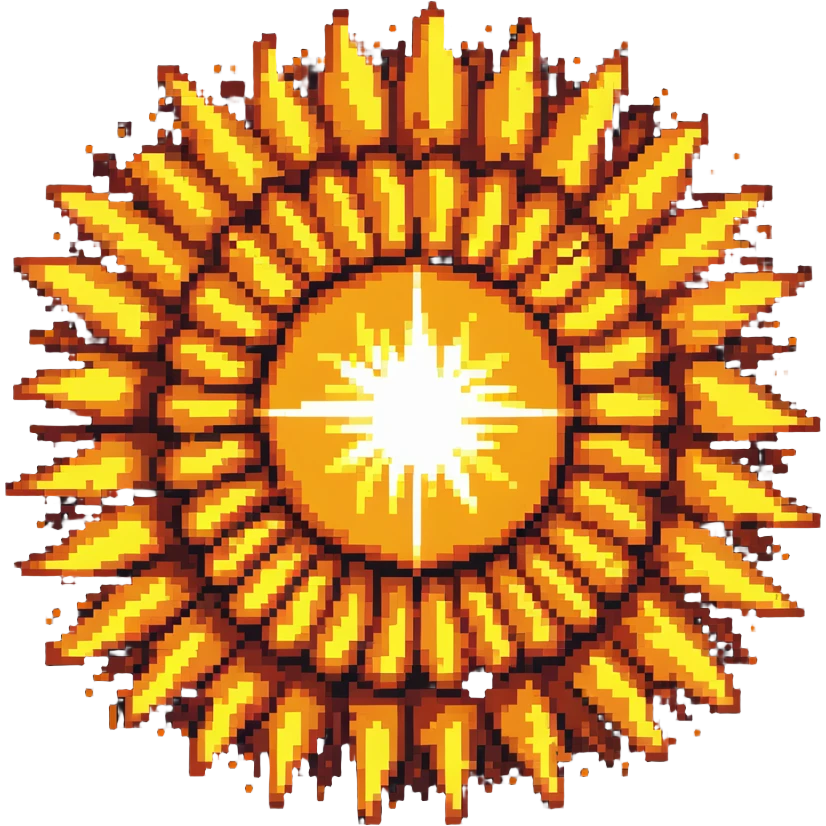 Bomberman explosion center tile, bright fiery explosion core with yellows and oranges radiating from center, 90% of tile with subtle glow effect, clean pixel art edges, slight transparency at edges emoji