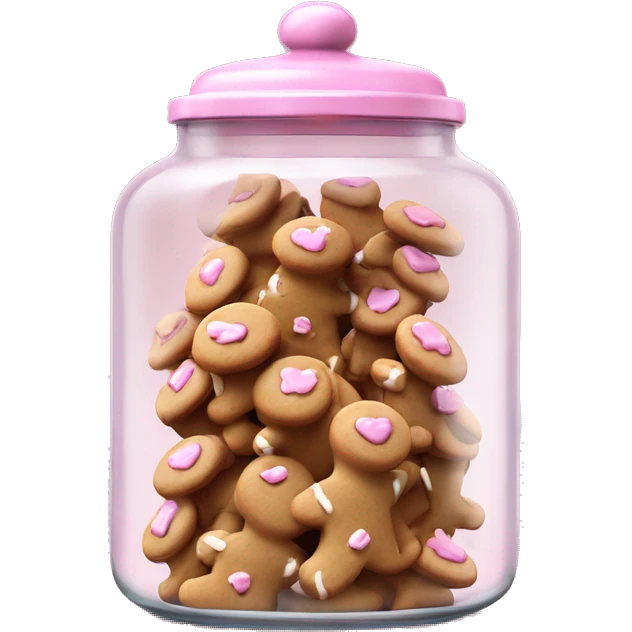 Realistic glass cookie jar with light pink lid full of gingerbread cookies isolated.  emoji