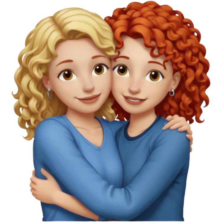 A woman with straight, blonde hair and a nose piercing and a woman with curly red hair and a nose piercing are hugging and smiling together. emoji