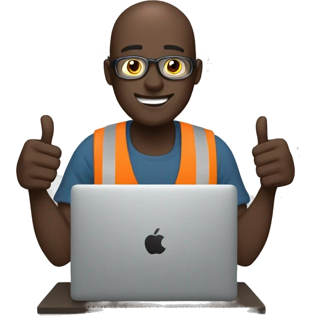 man working on laptop. bald, dark skin, macbook, thumbs up on righ hand emoji