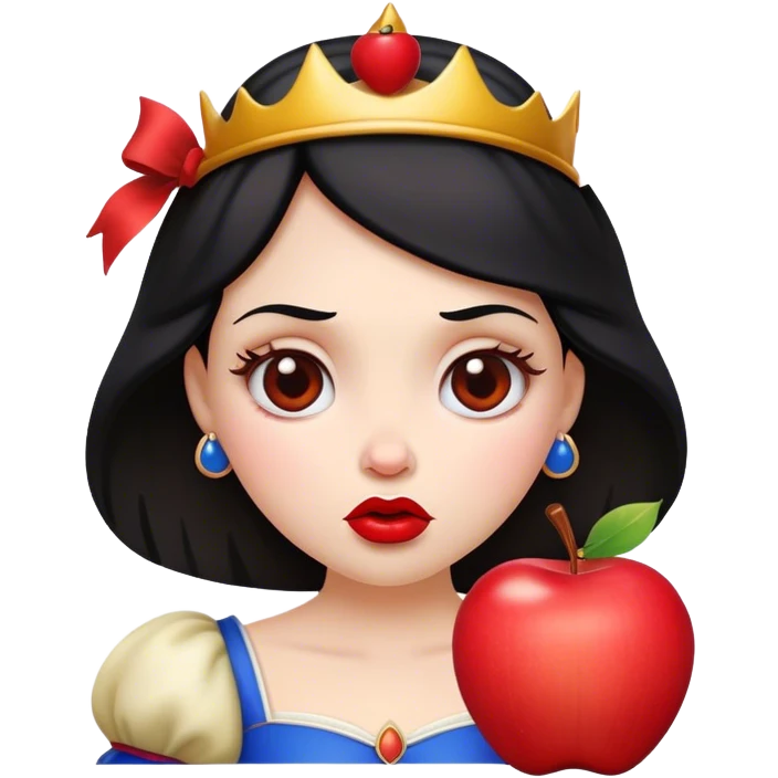 Cinematic Funny Snow White Portrait Emoji, Holding an apple with a suspicious expression, one eyebrow raised, lips pursed as if questioning her life choices, a hilariously relatable fairy tale moment! emoji
