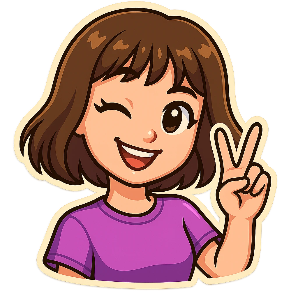 Create a Telegram sticker style character of a cheerful girl inspired by Russian singer Dora. She is smiling, winking with one eye, and showing a V sign with her fingers. Match the style, color palette, and shading of the provided sticker reference, including big expressive eyes, simple shapes, soft shadows, white border, and transparent background. emoji