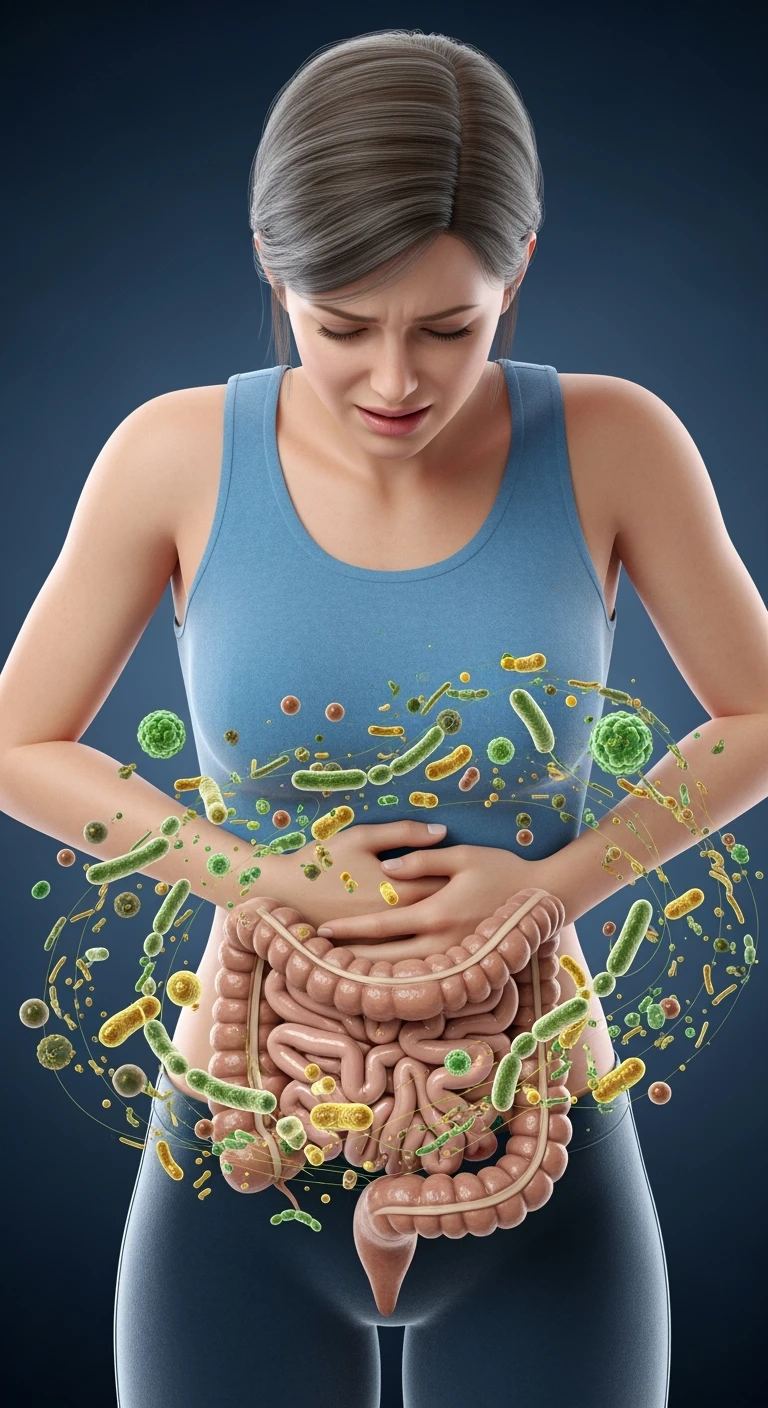 DONNA CON MAL DI PANCIA E INTESTINO UMANO ANATOMICO VISIBILE, BATTERI INTESTINALI FLUTTUANO INTORNO, IPERREALISTICO 4K emoji