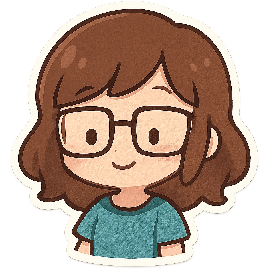 Add square frame glasses to the girl and change her shirt to teal, keeping the chibi style. emoji