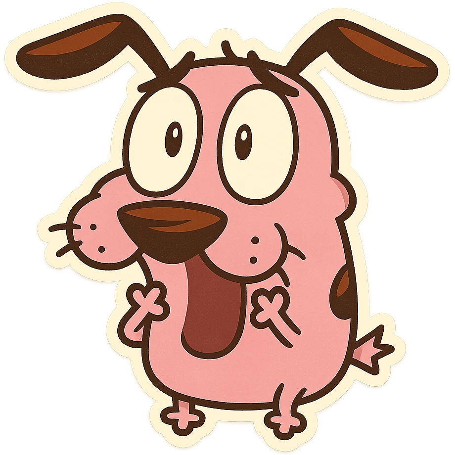 Courage the Cowardly Dog emoji, surprised expression, pink fur, floppy ears, cartoon style emoji