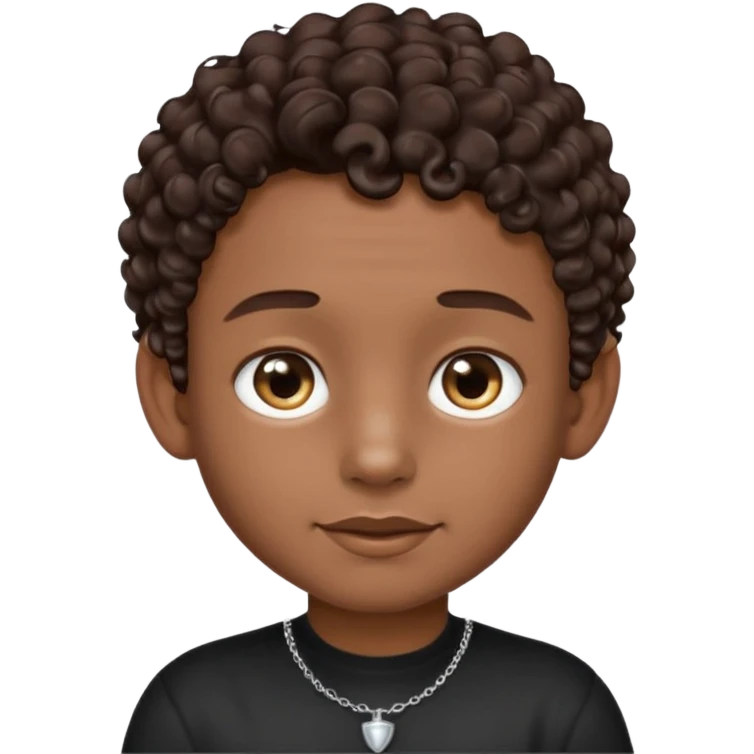 a boy emoji with a milk chocolate skin color, short dark brown curly hair with 2 silver stud earrings on both ears and 2 slits on each eyebrow and is wearing a black shirt with a silver necklace  emoji