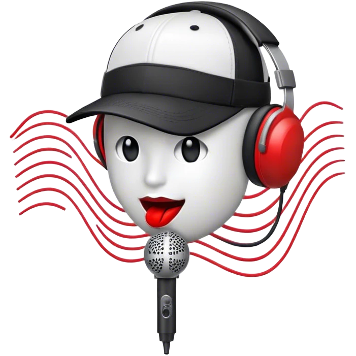 Create a dynamic and energetic emoji that represents beatboxing. The design should feature a stylized microphone with lips and baseball cap on it, sound waves emanating from it , symbolizing vocal percussion and rhythm. Add elements like headphones or a subtle speaker to emphasize the music production aspect. Use bold colors like black, white, and red to convey the intensity and creativity of beatboxing. The background should be transparent. emoji