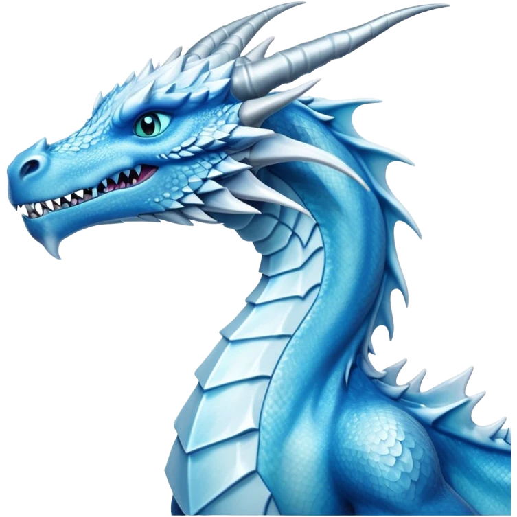Cinematic Noble Fierce Ice Dragon Portrait Emoji, Poised and imposing, distinct long elegant snout, with a slender, scaled body shimmering in glacial hues of icy blue, frostbitten silver, and crystalline white, breathing out frost, with piercing, glowing eyes that radiate the chilling depths of an arctic storm; rendered in detail. emoji