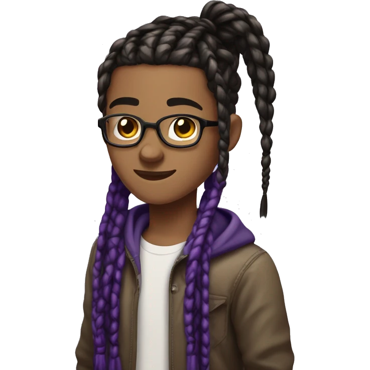 Brown teen nerd androginous boy with black and dark purple box braids showing near the eyes emoji