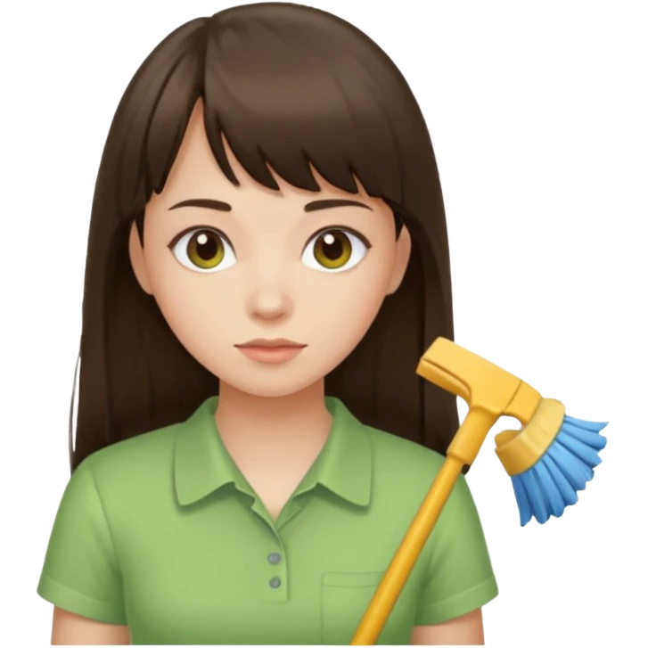 girl brunette with bangs long hair cleaning light green shirt emoji