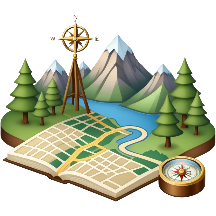 An icon featuring a local map, a compass, and regional landmarks, symbolizing local studies. The design includes a tree, mountains, and buildings, representing the unique geography and culture of a specific area. Transparent background highlights the exploration of local history and environment. emoji