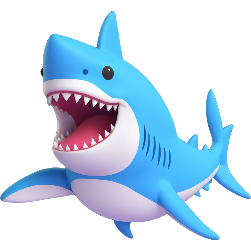 3D cartoon style emoji of a shark inspired by video games, the shark is trembling or vibrating, with a playful attitude emoji