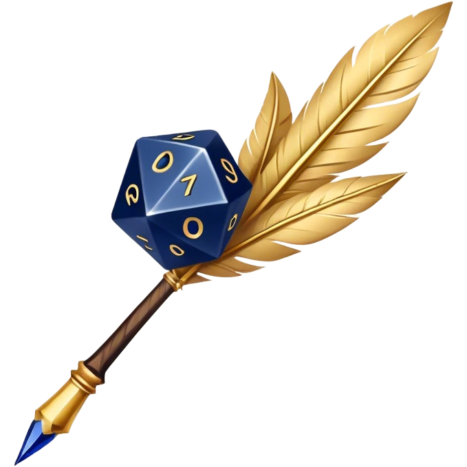 A golden quill crossing with a d20 that has no marks or numbers
Color: Gold and deep navy blue emoji