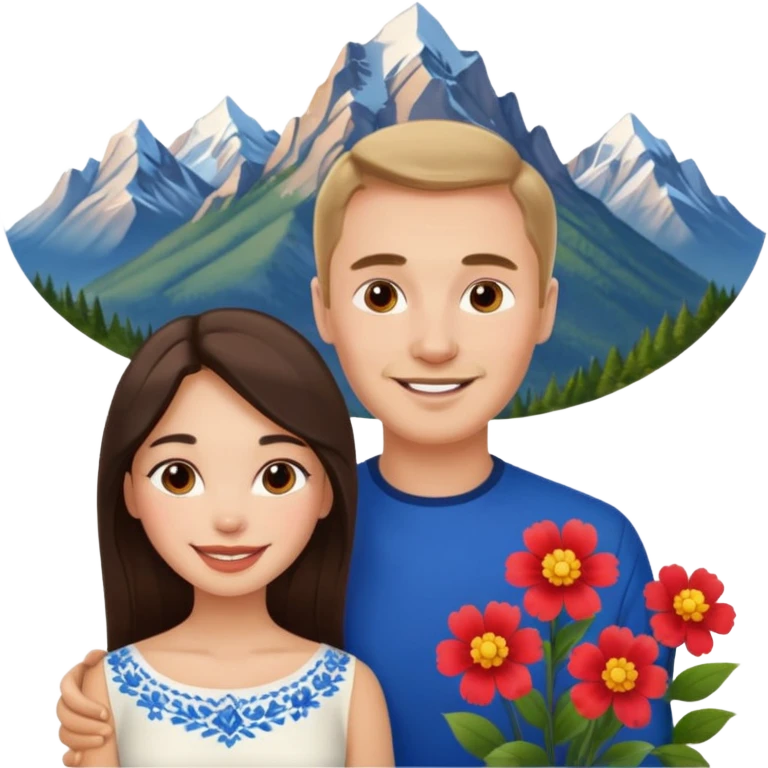 Couple traveling in Montenegro russian man and elegant  Latina girl delicate flowers and mountains in the background  emoji