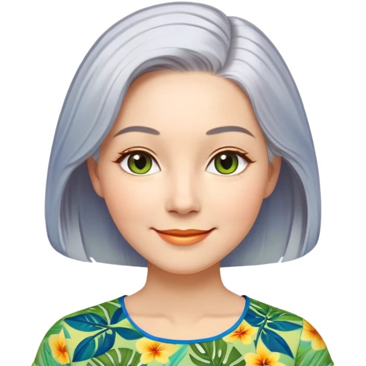 A woman with light complexion, oval face with soft rounded features, full cheeks, gentle almond-shaped eyes with subtle smile lines, longer back length silver-gray hair parted to the side, wearing a vibrant short-sleeved blouse with tropical print in blue, green, and yellow, exuding warmth and joy. emoji
