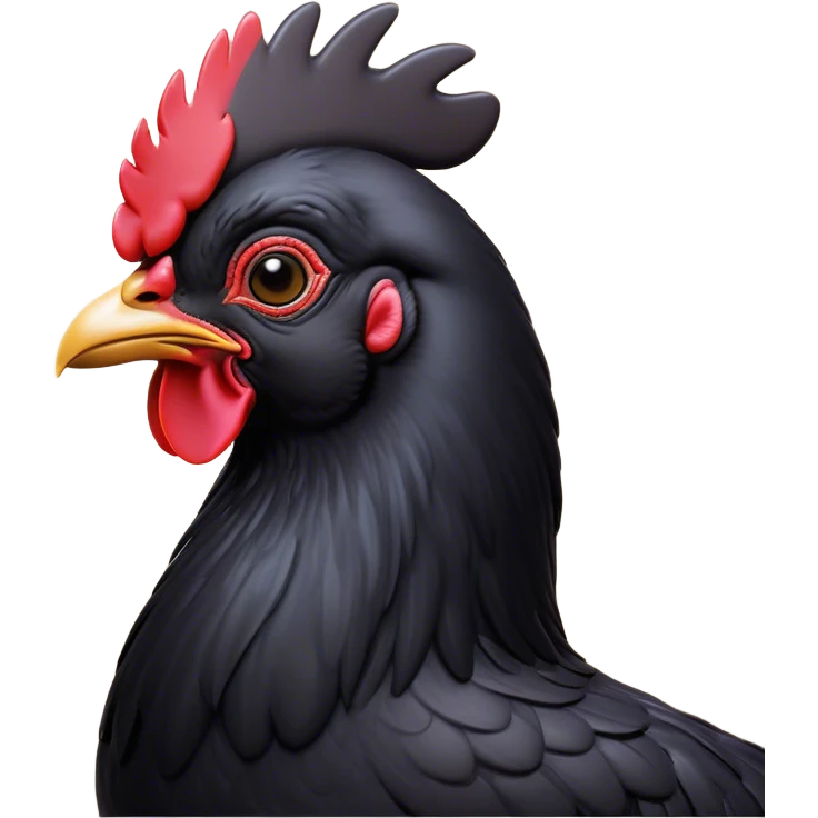 Cinematic Noble Black Chicken Portrait Emoji, Poised and regal, with a compact, sturdy build and a glossy, well-groomed pure black plumage, deep-set soulful beady eyes, Simplified yet sharp and sophisticated features, highly detailed, glowing with a soft, dignified glow, high shine, intelligent and alert, stylized with an air of mysterious elegance, focused and attentive, soft glowing outline, capturing the essence of a watchful and confident fowl, so majestic it feels as though it could strut out of the screen with effortless authority! emoji