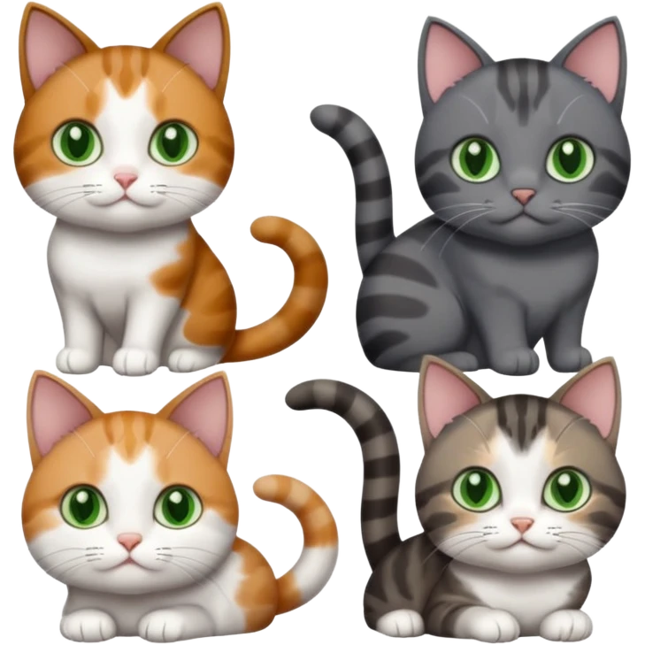 4 different coloured small cats including a dark grey and white, and a patchy calico, and a brown tabby and white,  and a completely solid dark grey with green eyes and only white paws emoji