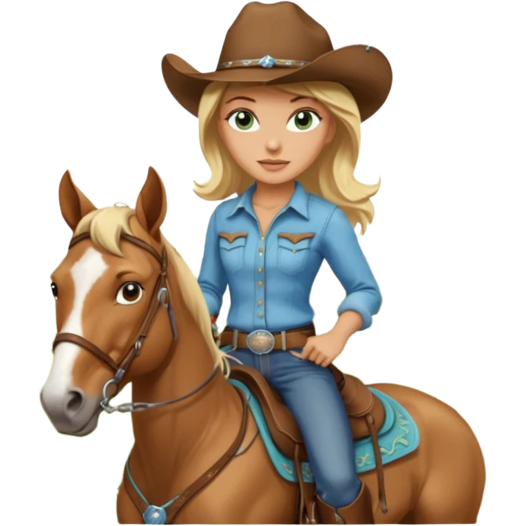 one blonde with light blue green eyes cowgirl on a quarter horse emoji