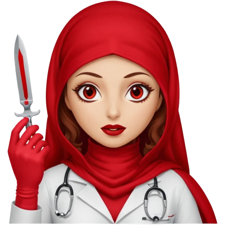 Lilith scalpel in hand, evil surgeon outfit.  She has red eyes. She has dark brown curly hair. Hair is long . Wears sexy doctor outfit with red gloves. Cover, neck and mouth with Muslim red burka emoji