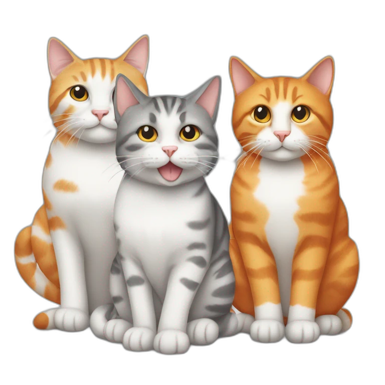 Three cats sitting, one grey tabby, one orange and white, one all orange emoji