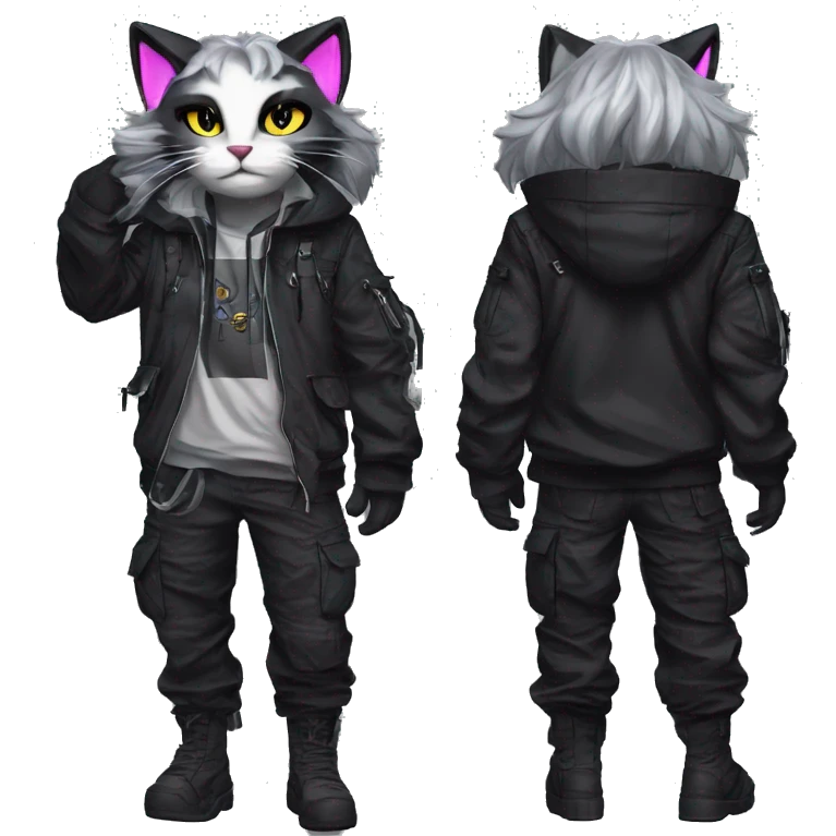 Edgy Anthro cool pretty shiny dark cat-fursona techwear cargo pants hoodie emoji