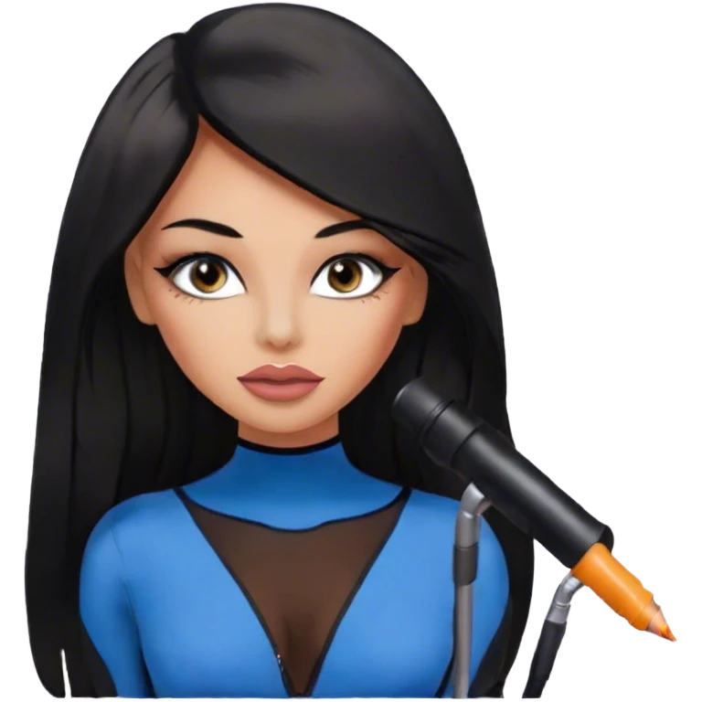Glamours, tanned, very beautiful girl, with big pump peach-beige-rose lips, eyeliner, long long lashes, black straight smooth silky long hair, straight parting hair, blue-grey eyes, in totally black bodysuit  emoji