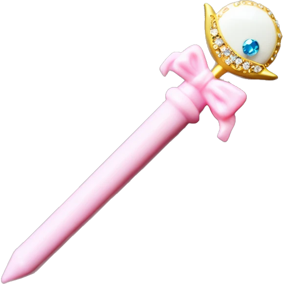 Sailor moon wand. Crescent moon on top with diamond in the crescent. Pink wand handle with little diamonds and small white wing motifs emoji