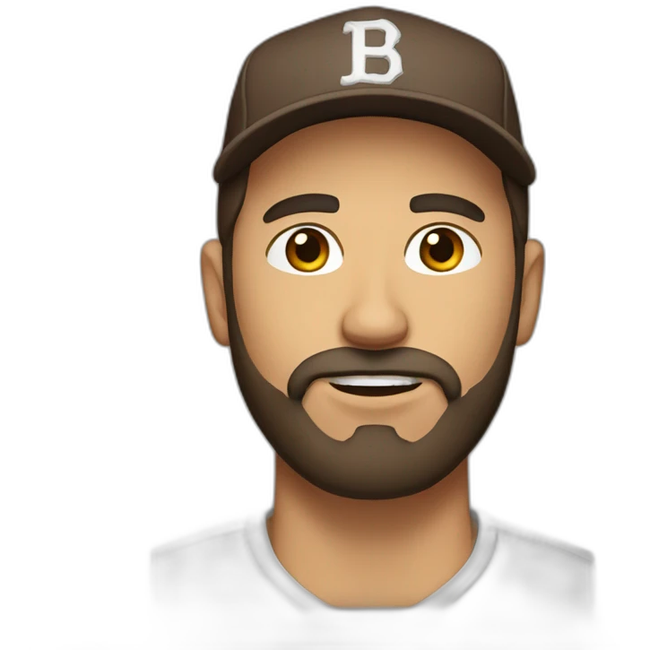 man with a beard, brown hair, brown eyes, flat brim baseball cap emoji