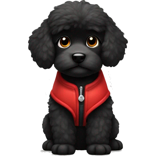 small completely black fluffy puppy wearing red vest emoji