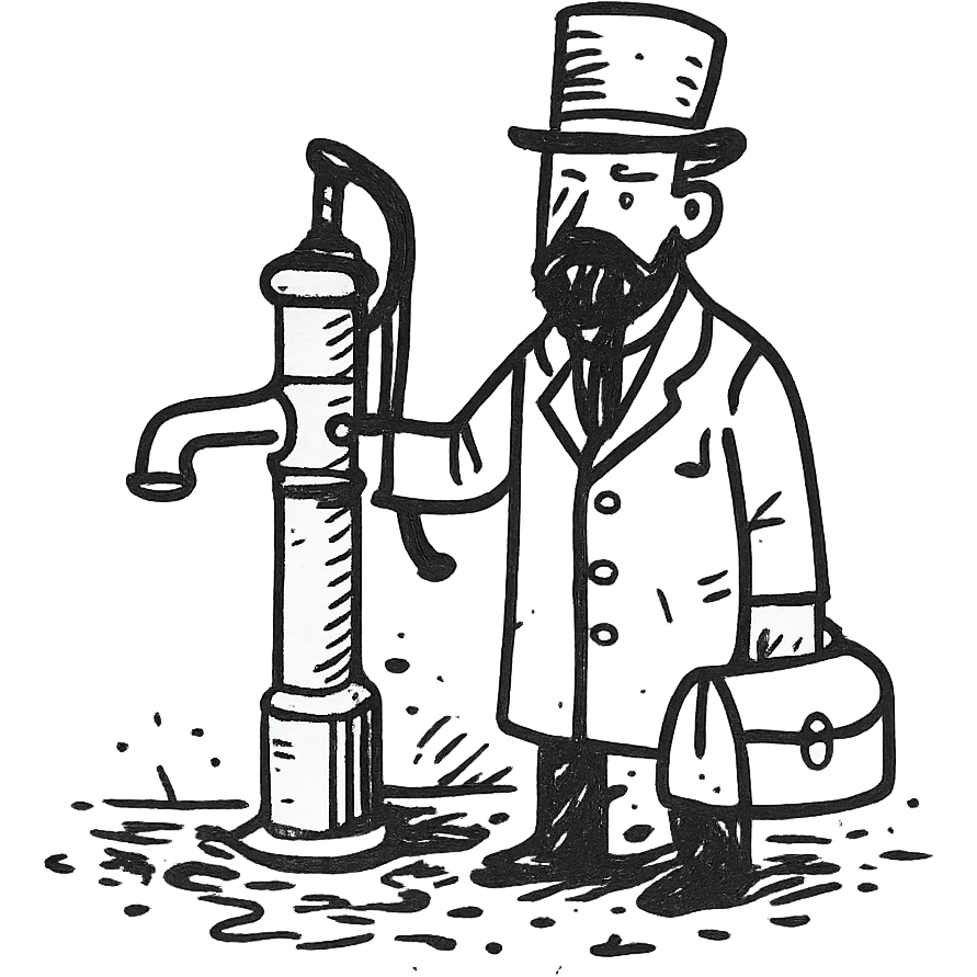 A victorian doctor with a street water pump in a dirty street emoji