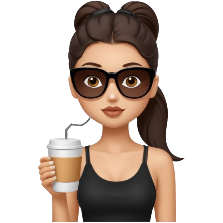 generate a pretty fair bratz girl with dark brown eyes, dark brown eyes tied into a slick back ponytail, thin brown sunglasses. Wearing a black cami top and drinking coffee emoji