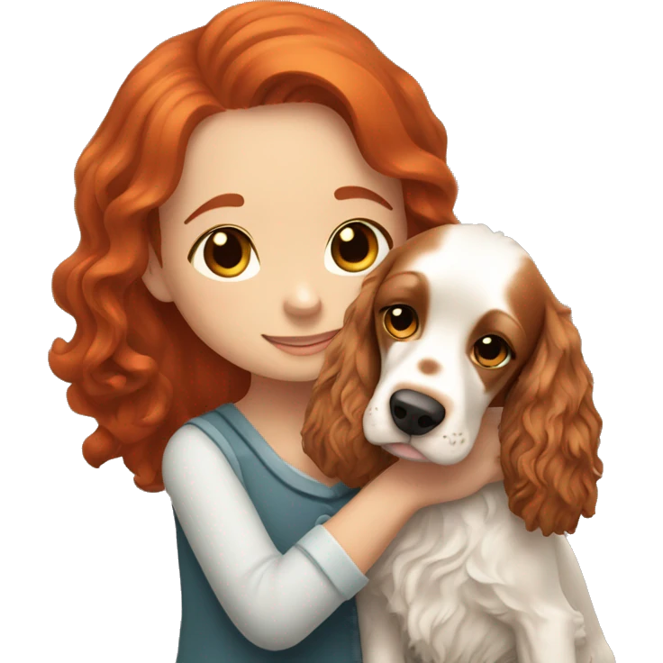 A very cute girl with red hair cuddling a happy English Cocker Spaniel. emoji