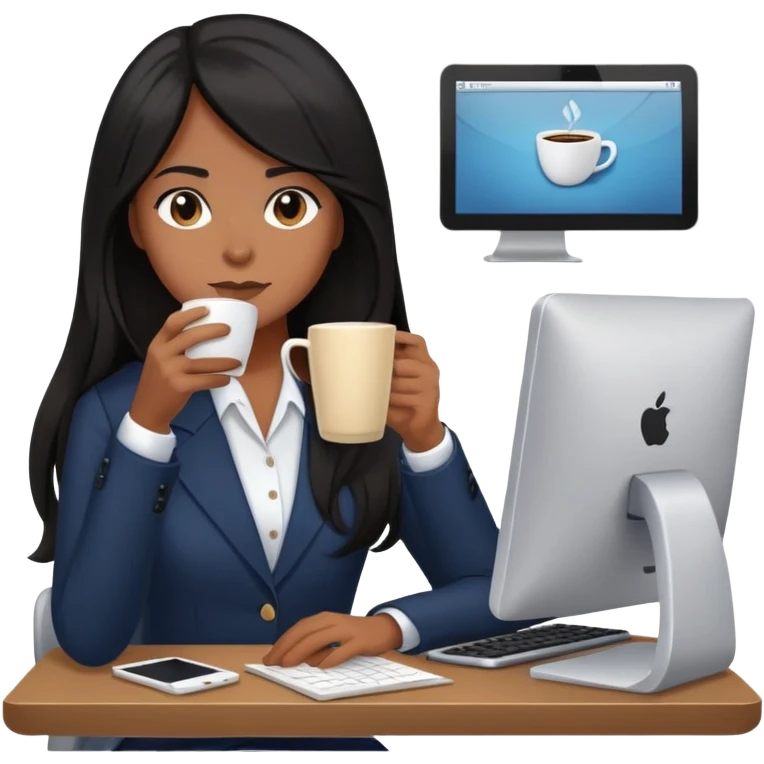Secretary black long hair computer and drinking coffee emoji