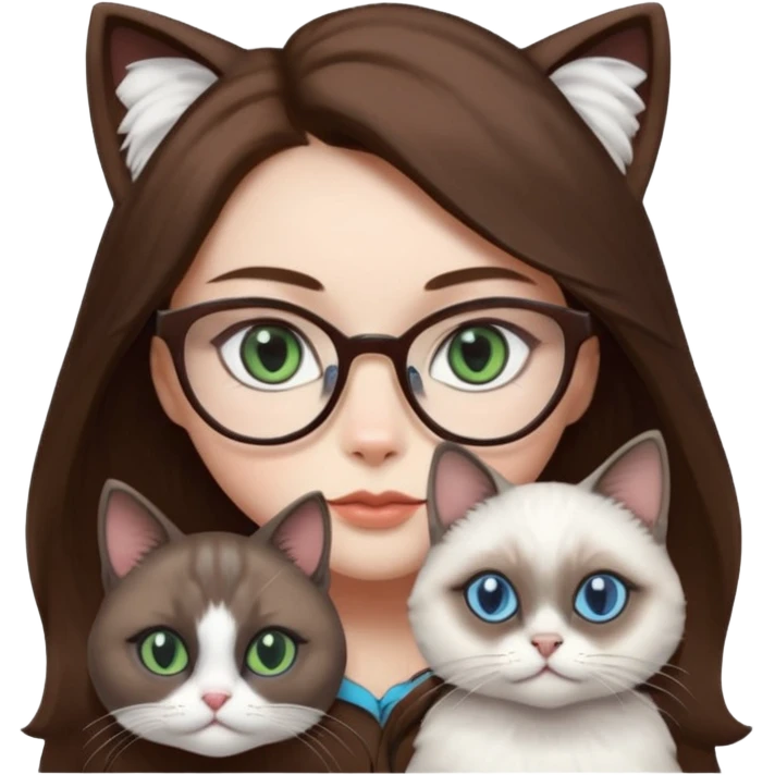 O data cu parul saten ,ochii griji-albastrii ,ochelari și codițe de pisica ..și langa o pisicuță alba pufoasa ,cu ochii verzi și o a doua pisica siameza pufoasa cu capul maro -negru și coada ,restul corpului un maro deschis spre alb  , ochii albaștrii emoji