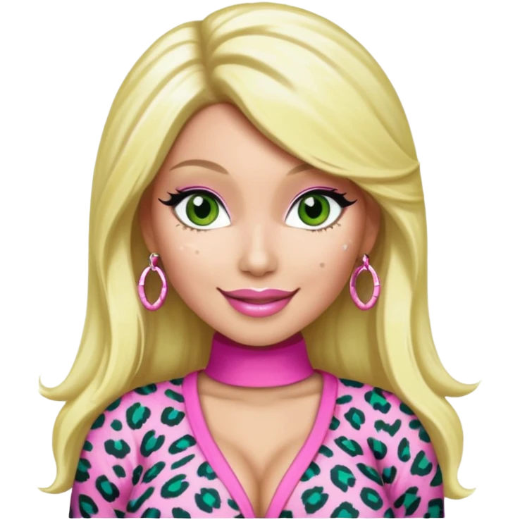 Smiling Green eyed white skin Nicki Minaj wearing a pink leopard print outfit with blonde hair emoji