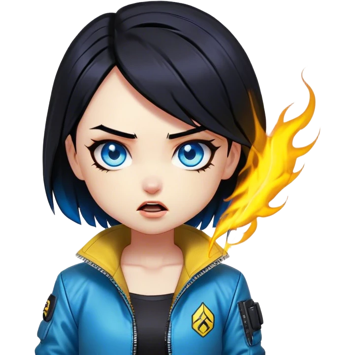 Black hair cyberpunk 2077 chibi girl with blazing blue eyes and yellow jacket from the animation show cyberpunk edge runners. All emotion reactions emoji