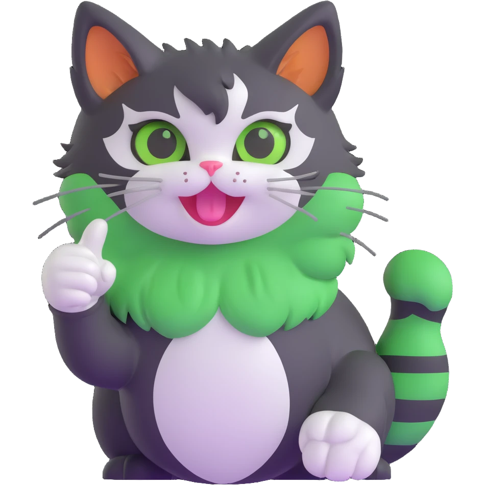 tricolor fluffy cat with big green eyes giving thumbs up emoji