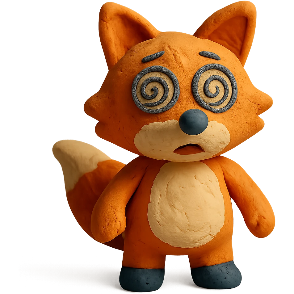claymation style dizzy fox with spiral eyes emoji