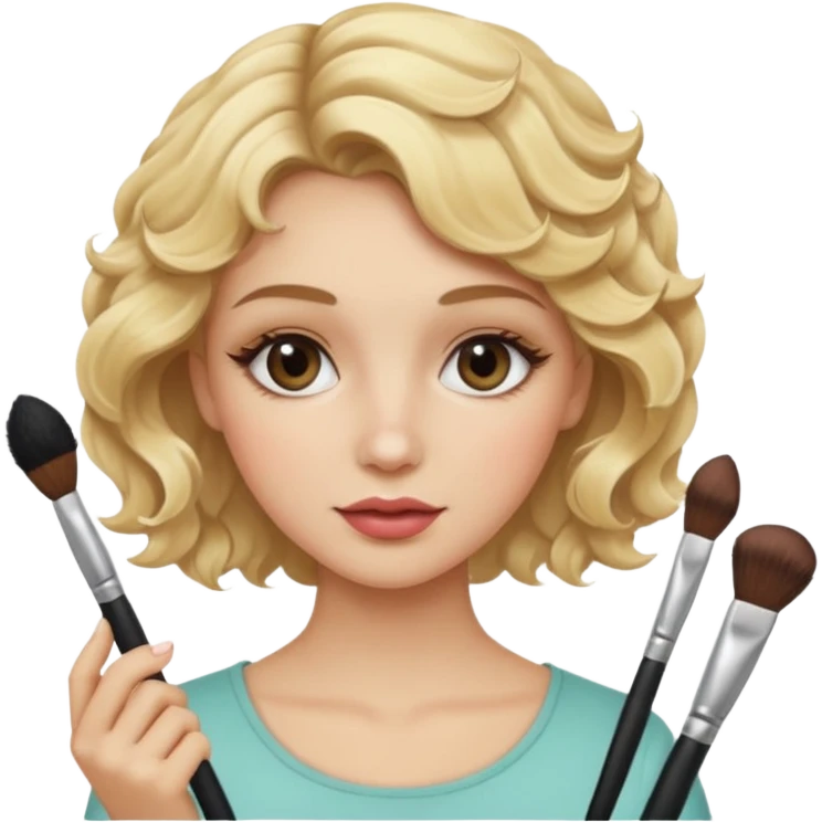 Blonde pretty girl with slightly Curly hair holding makeup brushes applying them to her face  emoji
