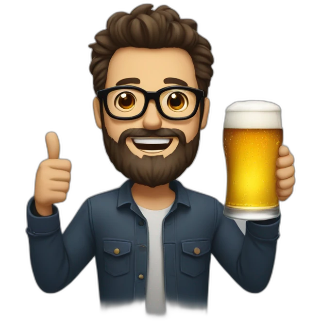 Man With black glasses, Brown hairs and Henriquatre beard, who hold a Beer in the Hand and makes cheers emoji