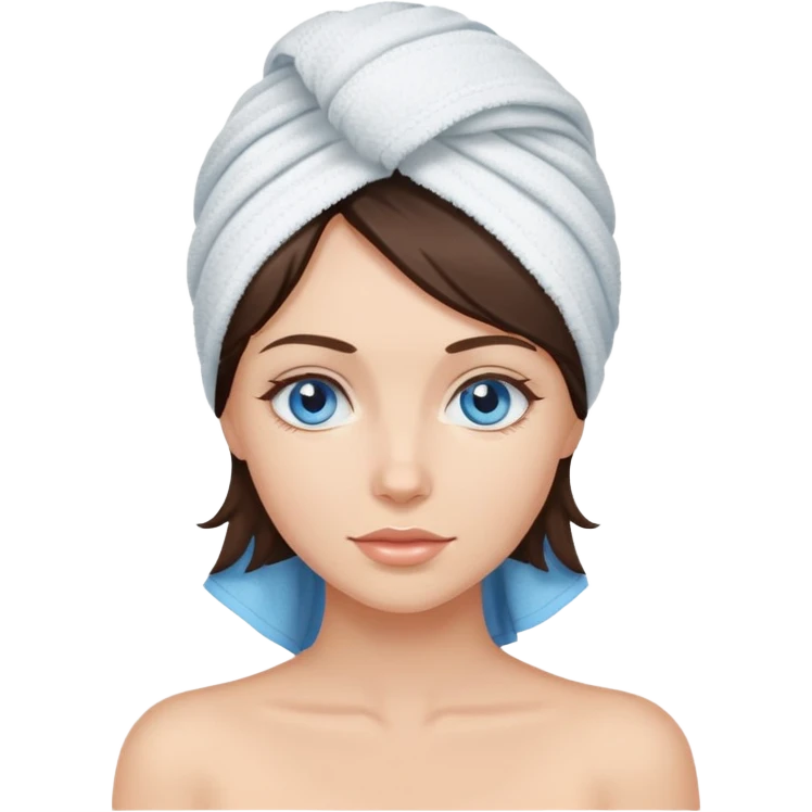Fair skin brunette blue-eyed woman with hair towel emoji