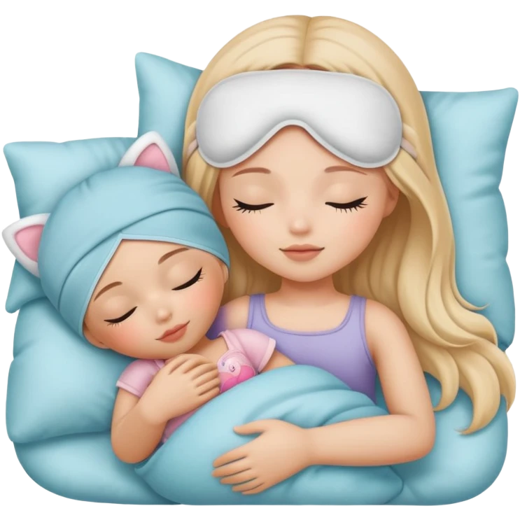 A girl Wearing a cute sleep mask is sleeping with a doll emoji