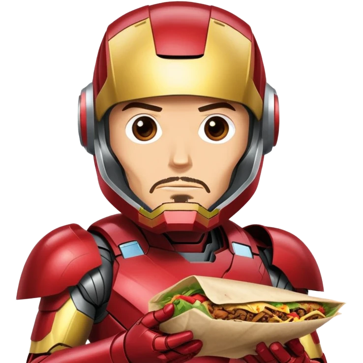 Tony Stark eating a delicious shawarma wrap, wearing his Iron Man suit with the helmet retracted, looking satisfied and slightly messy, comic book style, vibrant colors, simple and expressive emoji design emoji